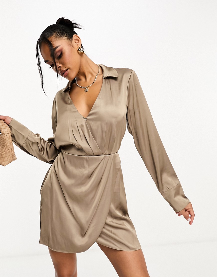Abercrombie & Fitch Draped Satin Shirt Dress In Mink-Brown