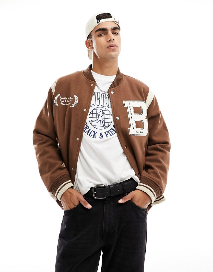 Abercrombie & Fitch Badge Logo Varsity Bomber Jacket In Tan-Brown