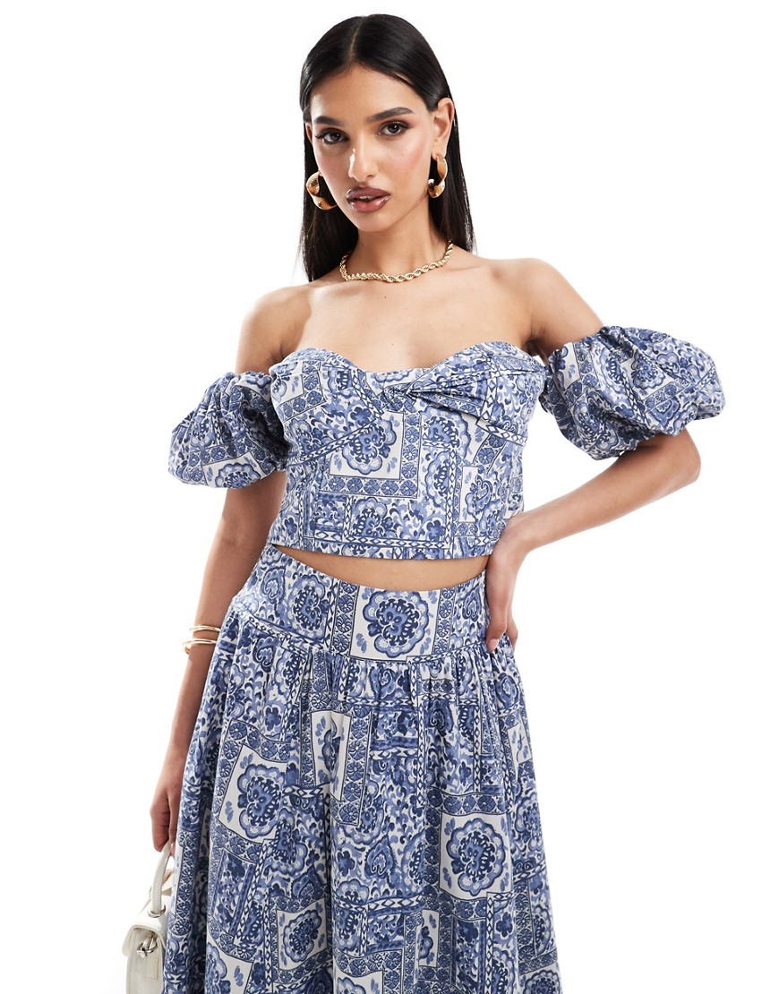 Abercrombie & Fitch Co-ord Puff Sleeve Top In Blue Tile Print