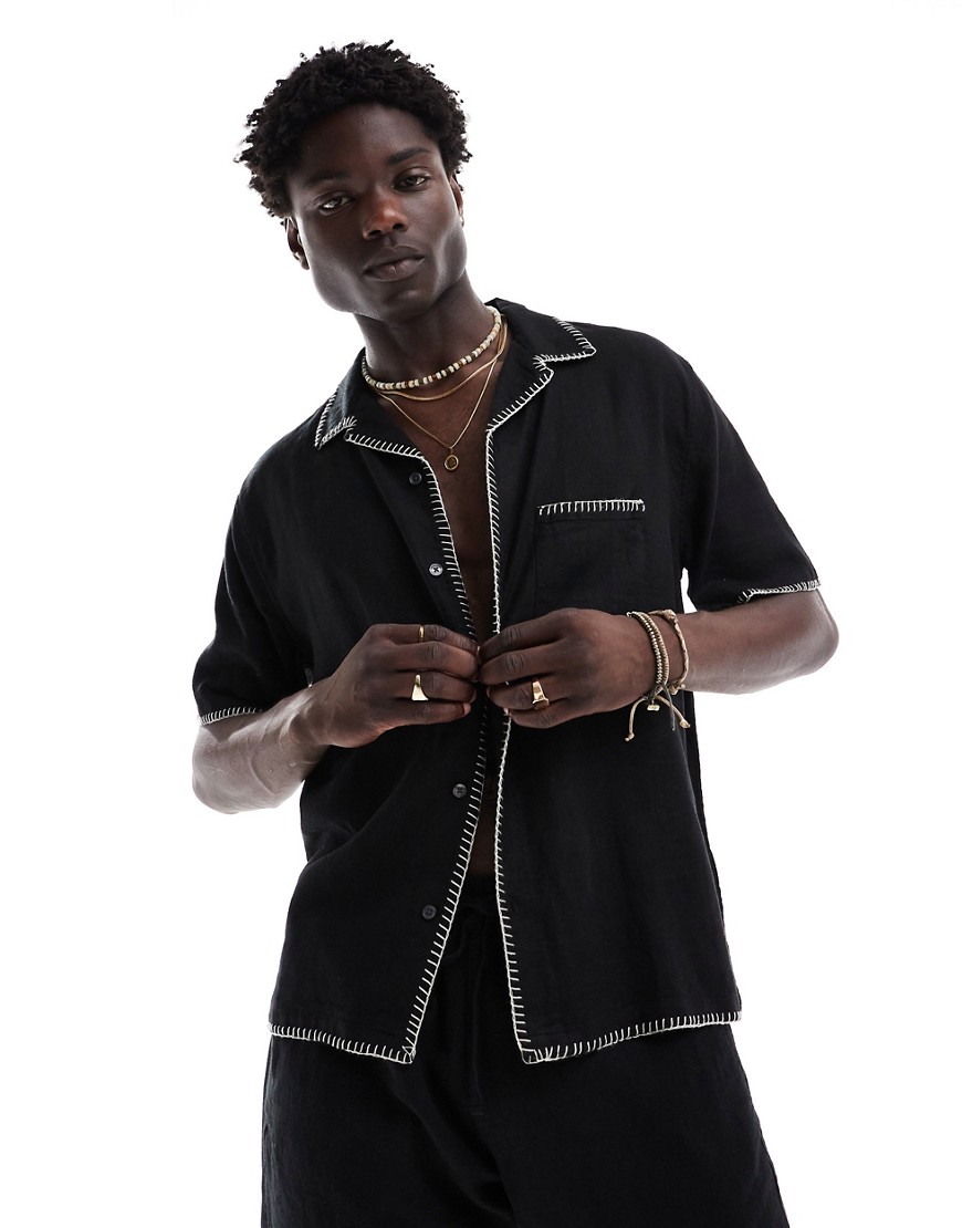 Abercrombie & Fitch Short Sleeve Revere Collar Edge Stitching Line Shirt Relaxed Fit In Black Co-ord