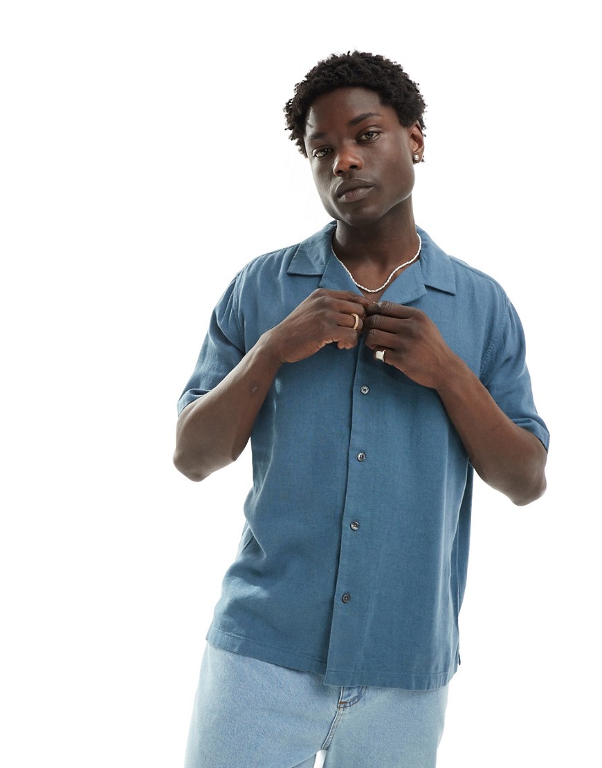 Abercrombie & Fitch Short Sleeve Revere Collar Linen Blend Shirt Relaxed Fit In Mid Blue