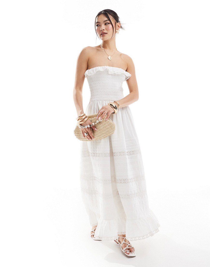 Abercrombie & Fitch Strapless Broderie Detail Maxi Dress In White