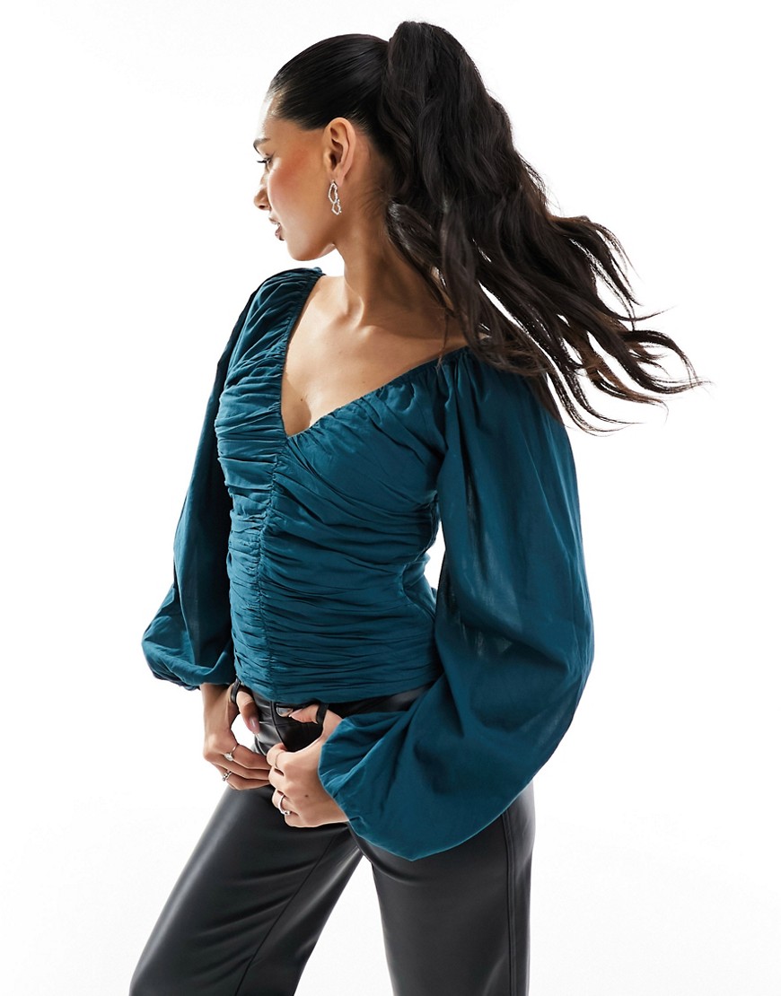 Abercrombie & Fitch V-neck Long Sleeve Top With Gathered Front In Teal Blue