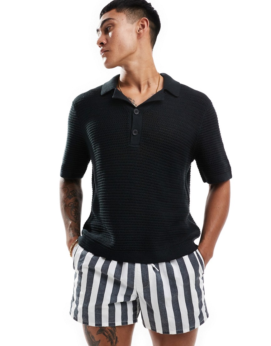 Abercrombie & Fitch 2 Button Revere Collar Resort Knit Polo In Black
