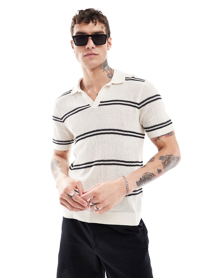 Abercrombie & Fitch Breezy Open Collar Stripe Knit Polo In Cream-White