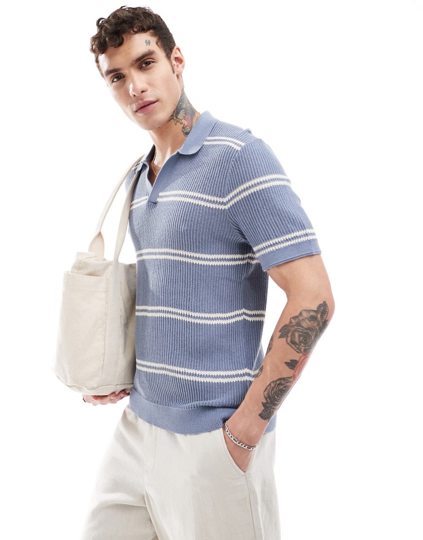 Abercrombie & Fitch Breezy Open Collar Stripe Knit Polo In Mid Grey