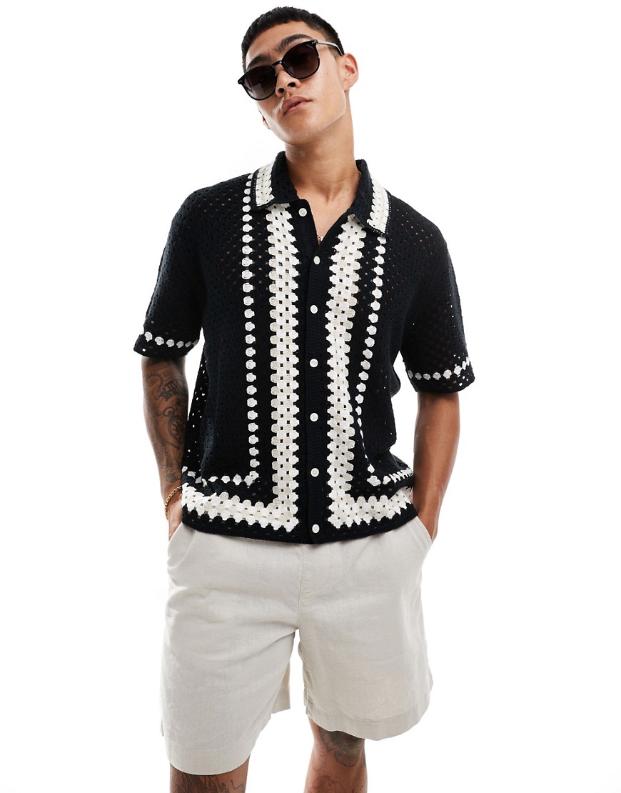 Abercrombie & Fitch Buttonthrough Border Stripe Crochet Knit Polo In Black