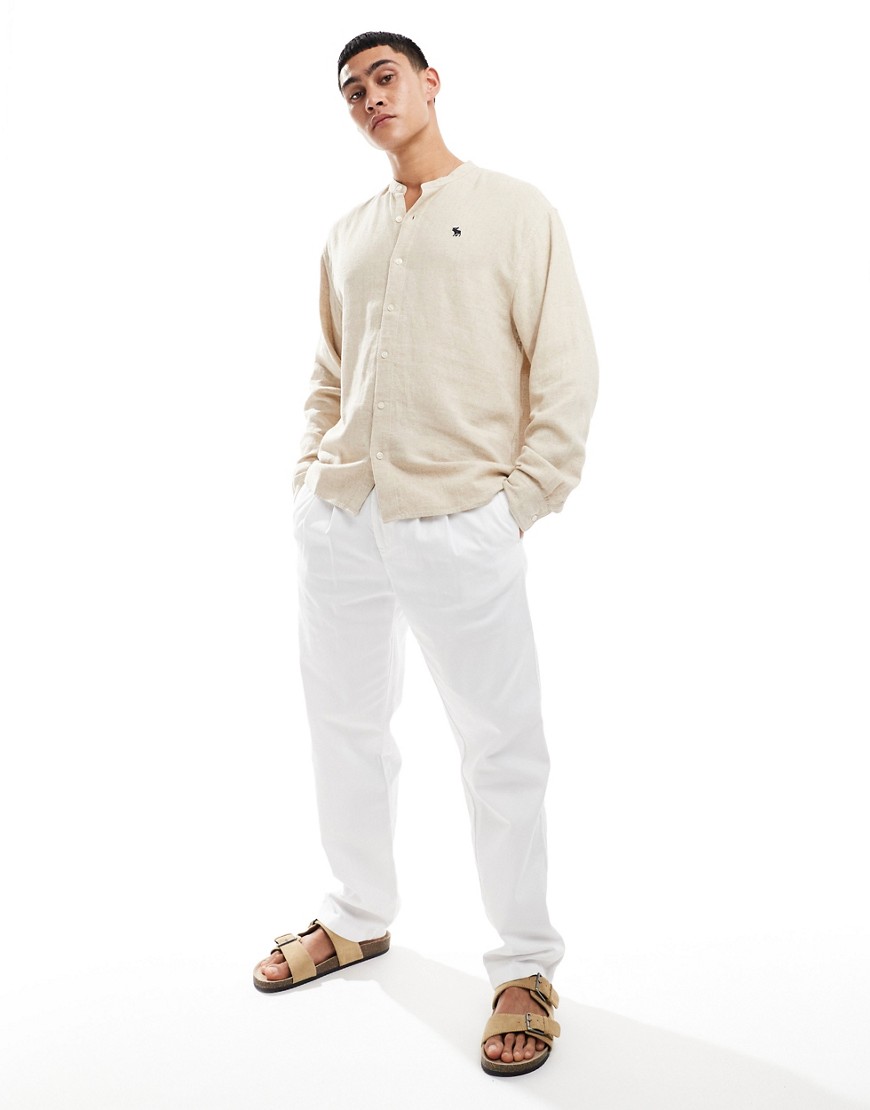Abercrombie & Fitch Chic Moose Logo Banded Collar Linen Shirt In Beige-Neutral