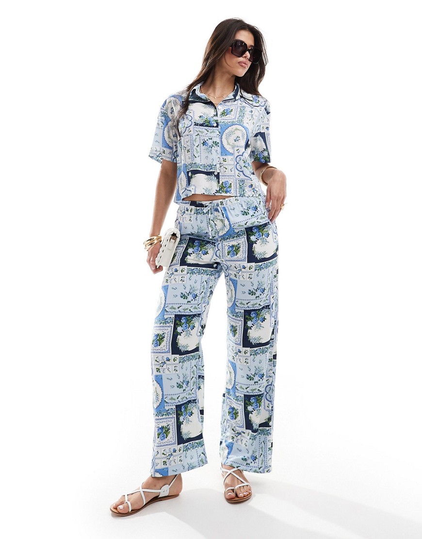 Abercrombie & Fitch Co-ord Tile Print Satin Trouser In Blue