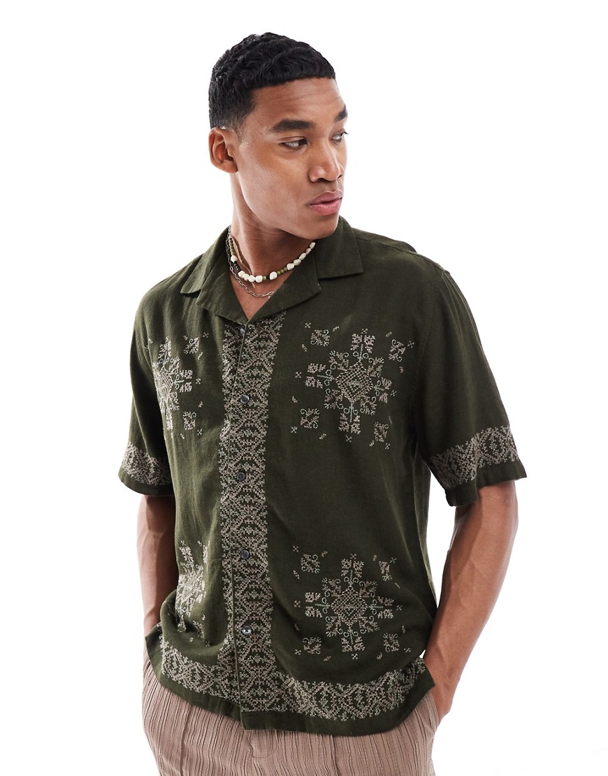 Abercrombie & Fitch Embroidered Border Pattern Short Sleeve Shirt Relaxed Fit In Olive Green