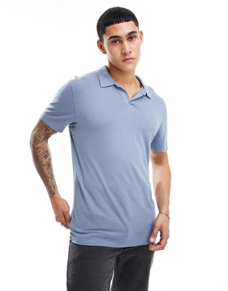 Abercrombie & Fitch Slub Linen Open Collar Polo In Light Blue
