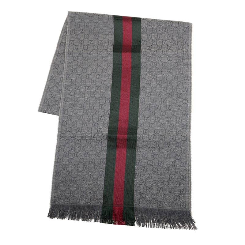 Gucci – Scarf Gray Red Green Stripes GG Wool Silk Shawl