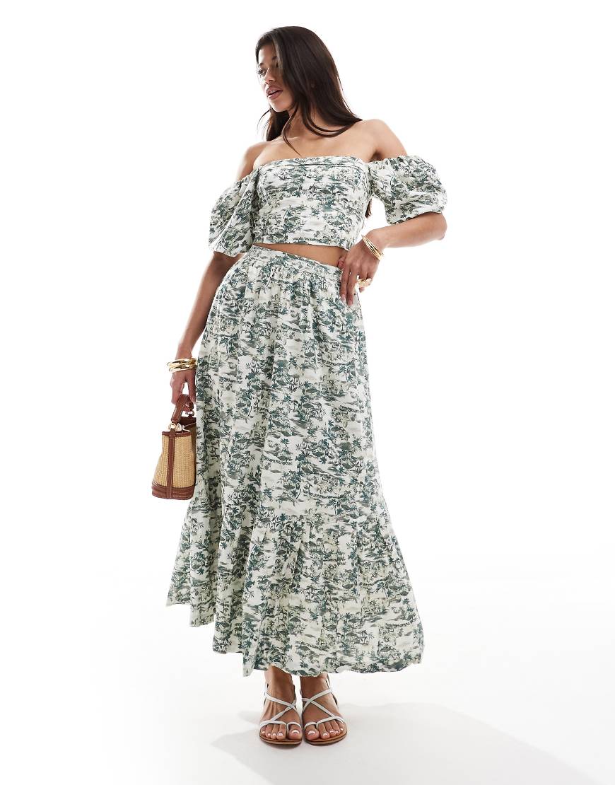 Abercrombie & Fitch Co-ord Linen Blend Tiered Maxi Skirt In Green Floral Print