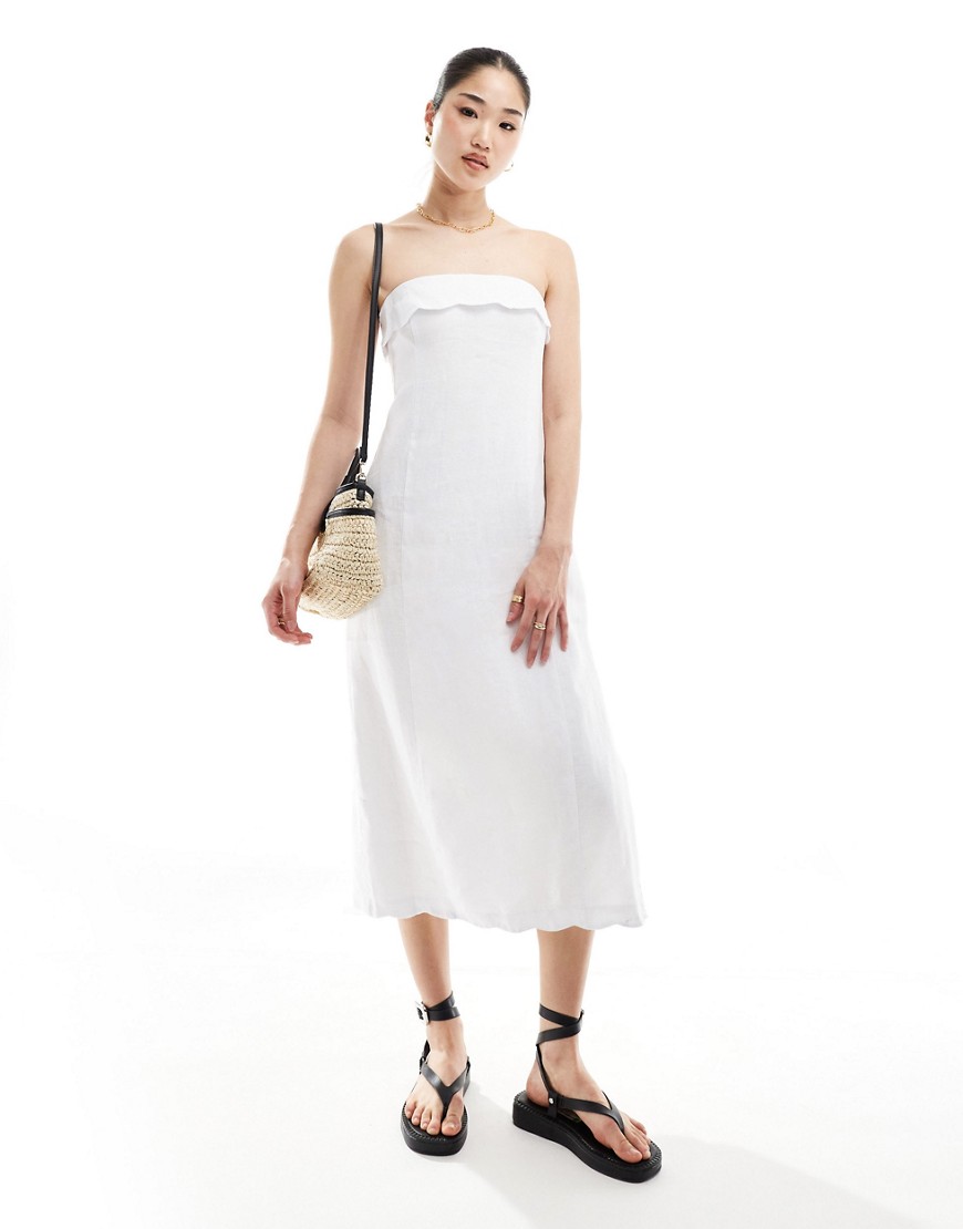 Abercrombie & Fitch Linen Blend Midi Strapless Dress With Scallop Edge In White