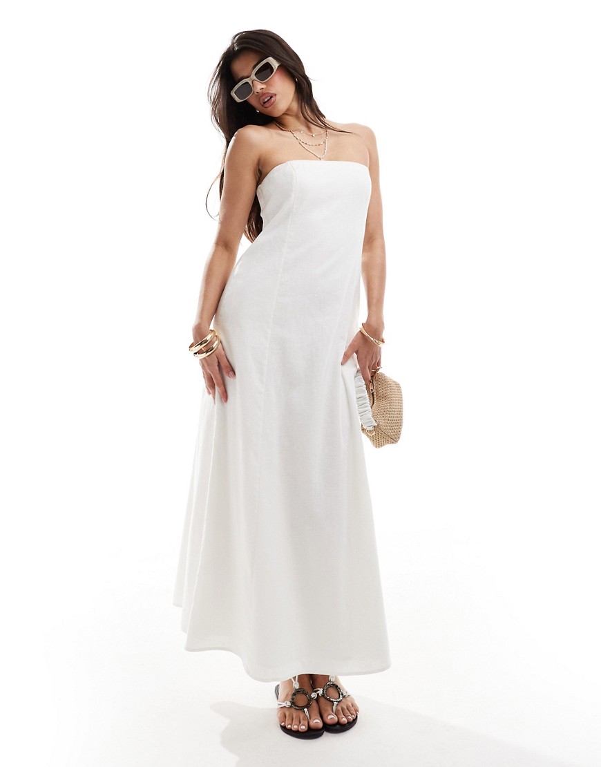 Abercrombie & Fitch Linen Blend Strapless Midi Dress In White