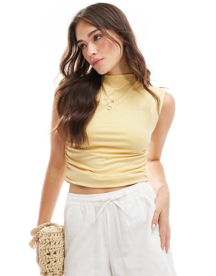 Abercrombie & Fitch mock neck side ruched top in yellow