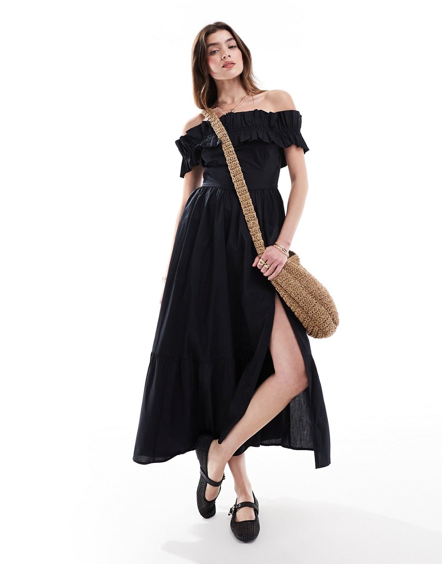 Abercrombie & Fitch Off The Shoulder Ruffle Midi Dress In Black