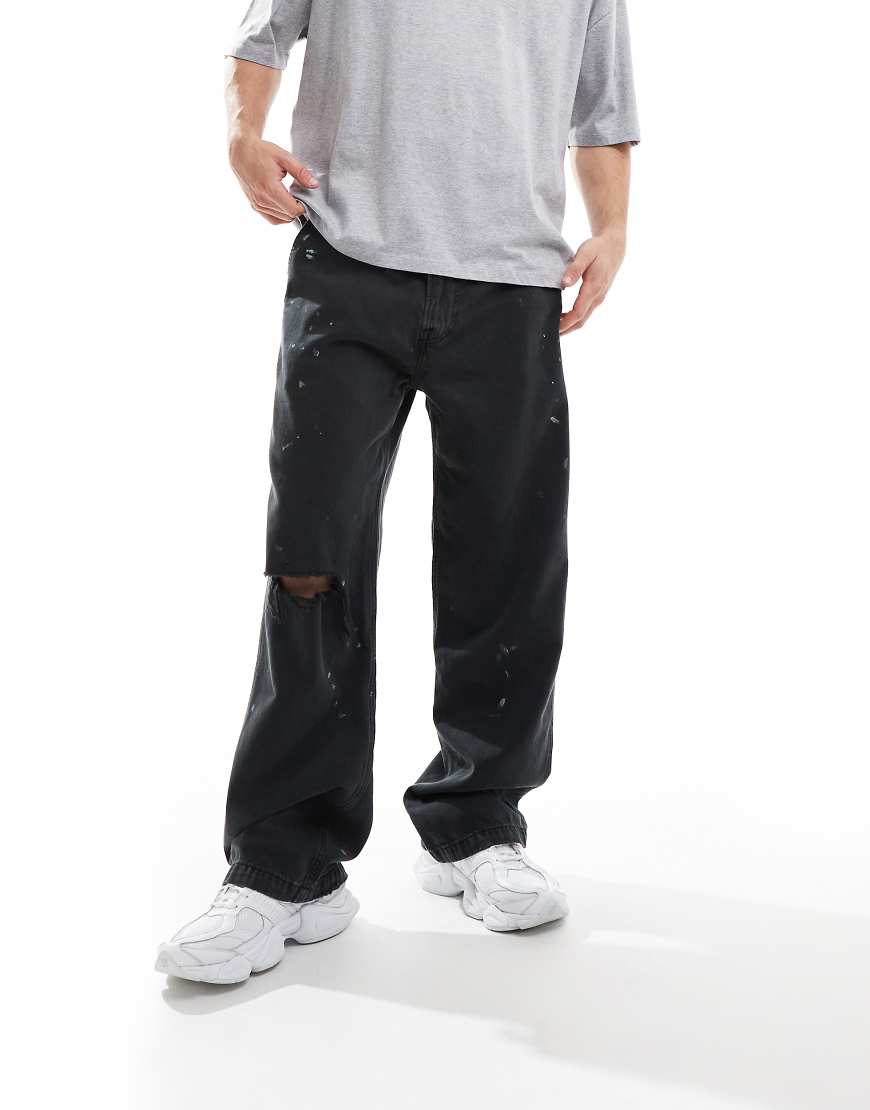 Abercrombie & Fitch Paint Splatter Baggy Fit Carpenter Jeans In Vintage Black-Grey