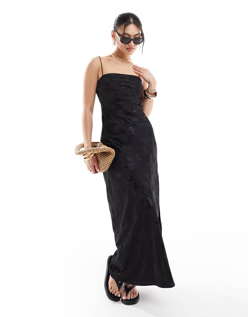 Abercrombie & Fitch Satin Maxi Dress With Jaquard Print In Black