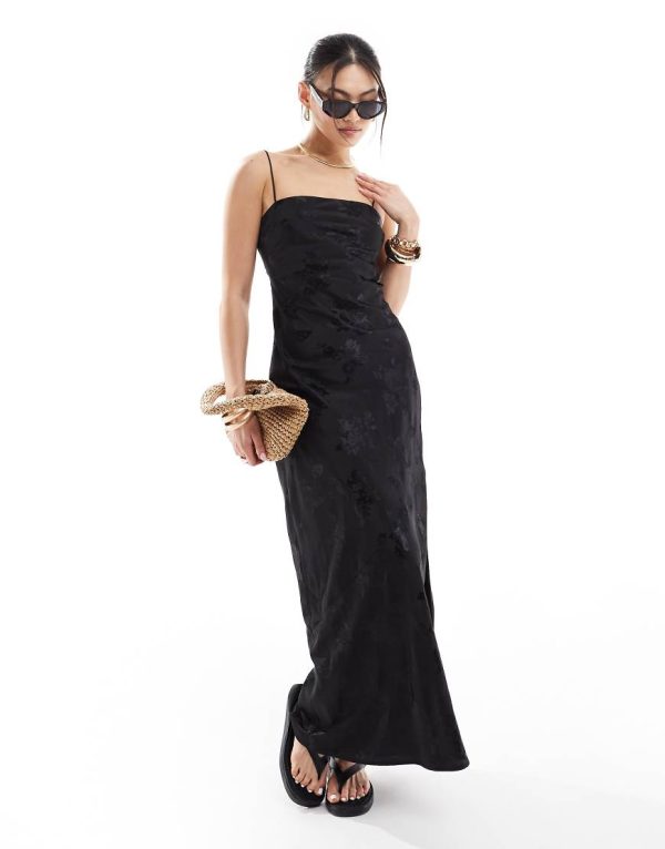 Abercrombie & Fitch satin maxi dress with jaquard print in black Abercrombie & Fitch satin maxi dress with jaquard print in black
