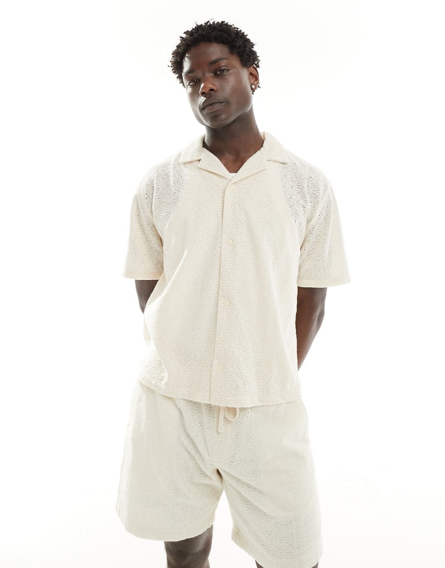 Abercrombie & Fitch Short Sleeve Cropped Oversized Little Lace Shirt In Cream Co-ord-White