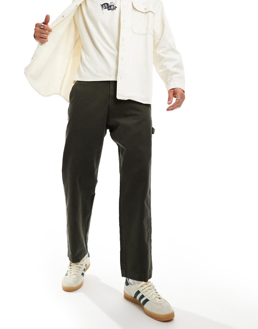 Abercrombie & Fitch Workwear Athletic Loose Fit Garment Dyed Trousers In Dark Green