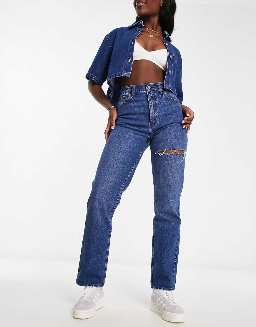 Abercrombie & Fitch Curve Love 90s Straight Fit Jean In Dark Blue With Thigh Slash