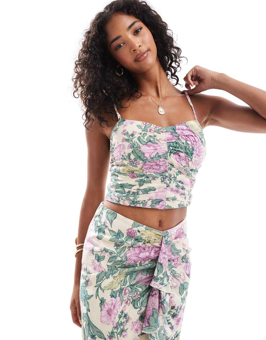 Abercrombie & Fitch Co-ord Printed Crinkle Bra Top In Purple Floral