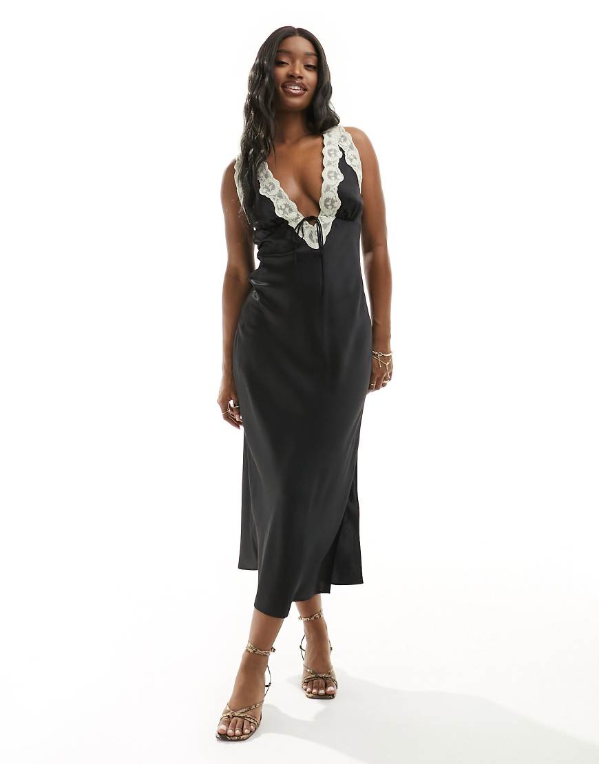 Abercrombie & Fitch Contrast Lace Midi Slip Dress In Black
