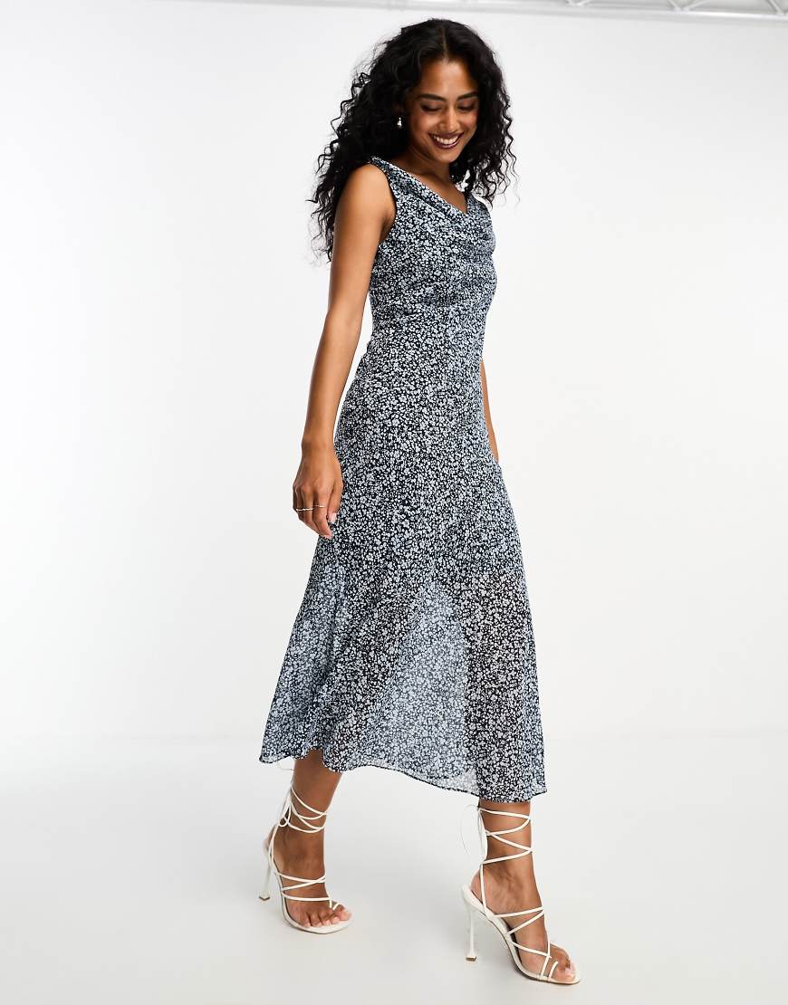 Abercrombie & Fitch Cowl Neck Chiffon Midi Dress In Blue Floral Print
