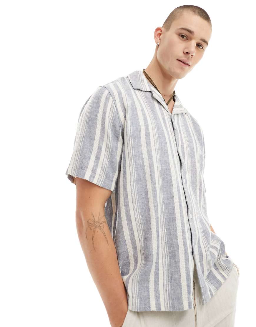 Abercrombie & Fitch Dobby Stripe Linen Blend Short Sleeve Shirt Relaxed Fit In Blue