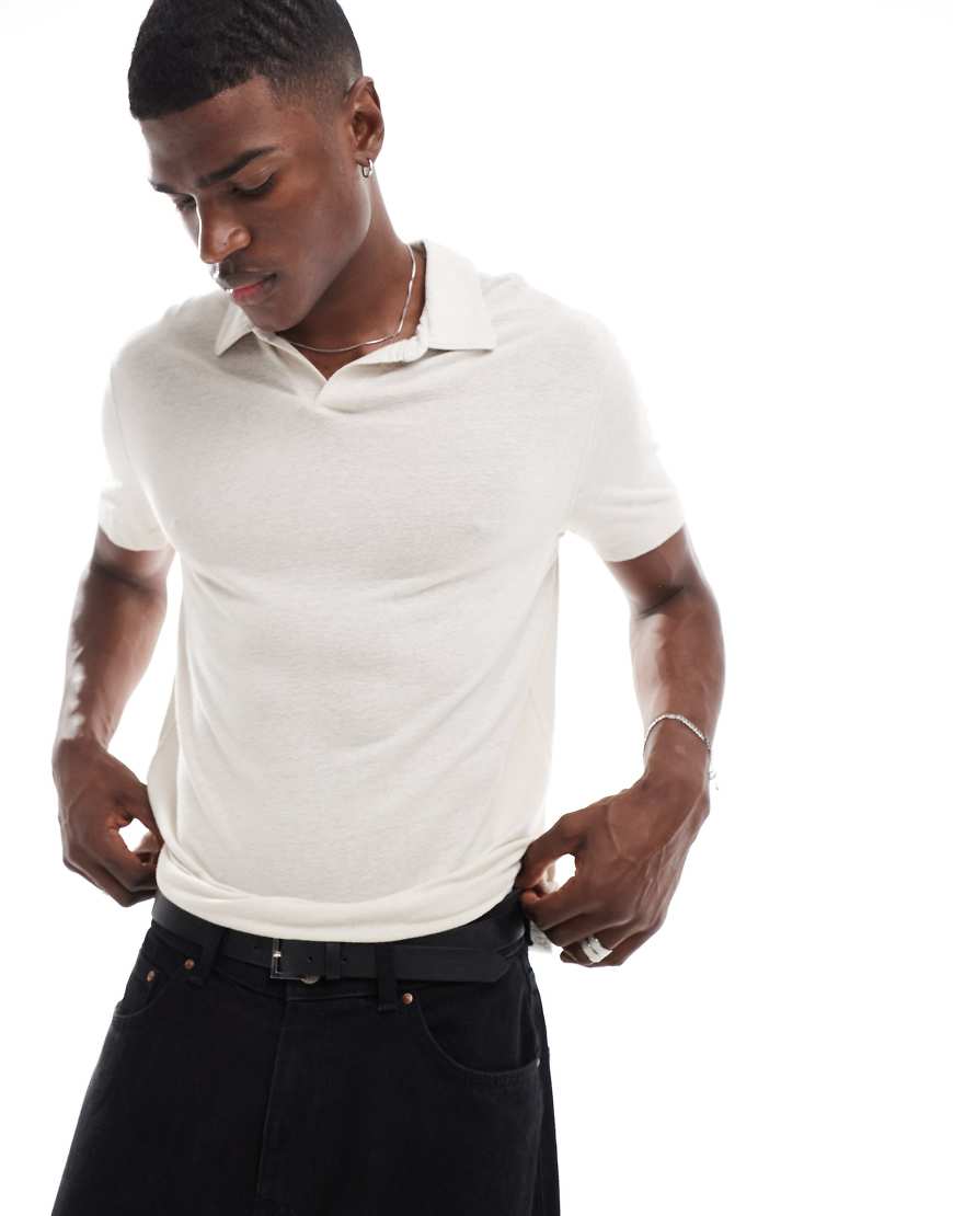 Abercrombie & Fitch Slub Linen Open Collar Polo In Cream-White