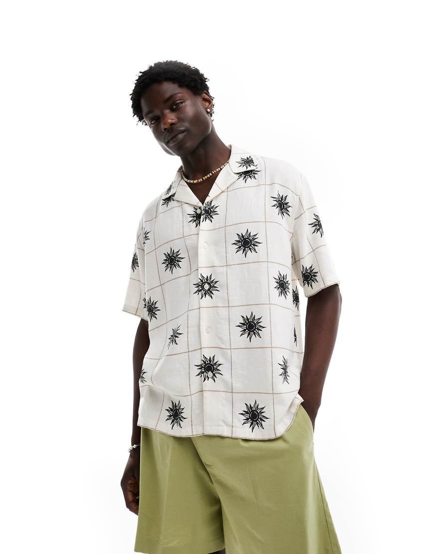 Abercrombie & Fitch Square Embroided Linen Blend Short Sleeve Shirt Relaxed Fit In White