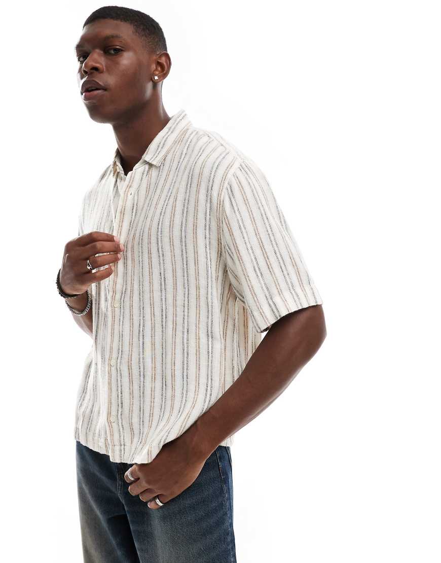 Abercrombie & Fitch Striped Linen Short Sleeve Shirt In Cream-Neutral