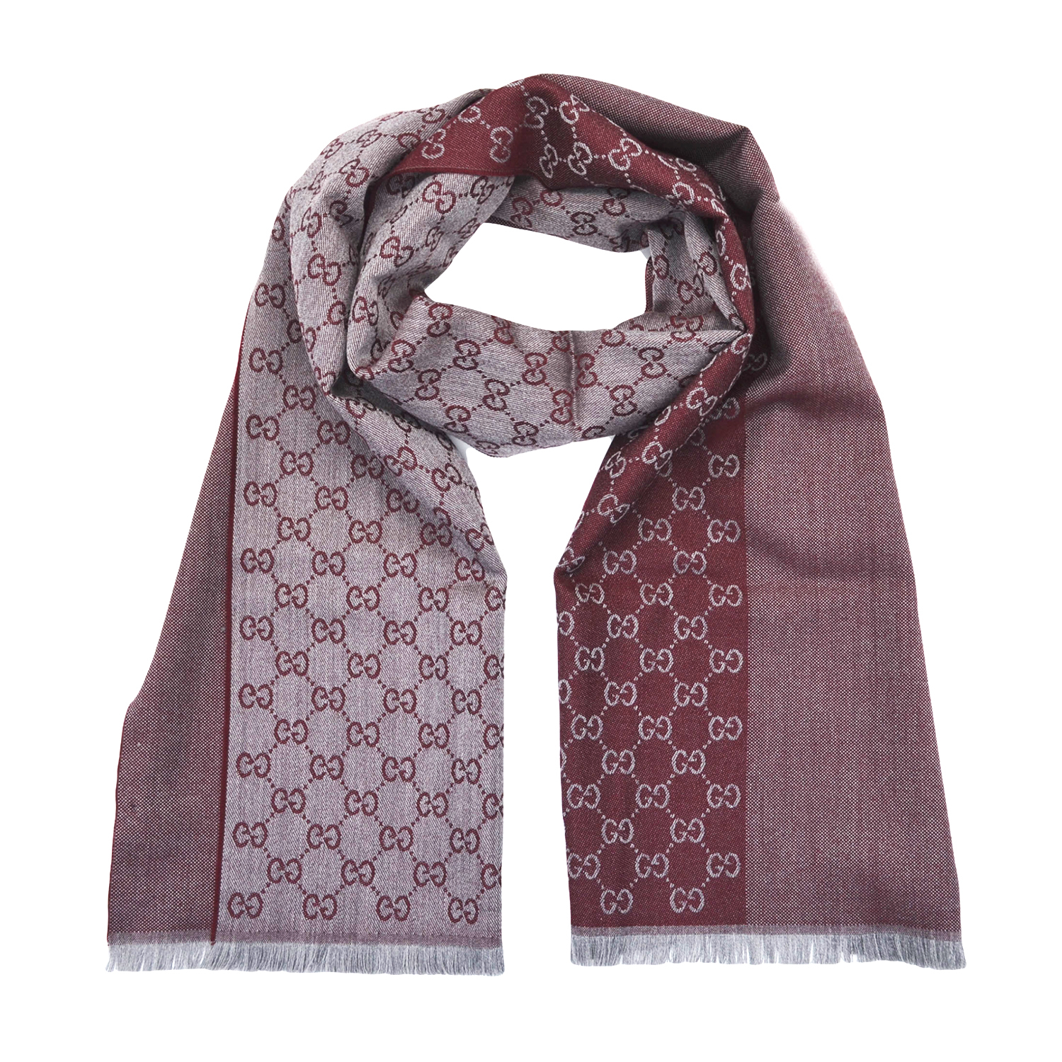 Gucci – Burgundy GG Monogram Half Web Wool Scarf (Packaging Is Damaged)