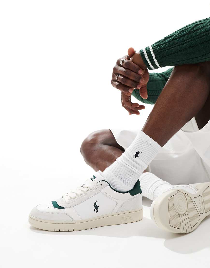 Polo Ralph Lauren Court Sport Leather Trainer In White And Green