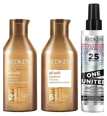 REDKEN All Soft Shampoo, Conditioner And One United Leave In Conditioner Bundle For Dry Hair